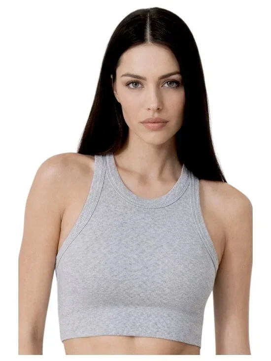 Alo Yoga High Neck Crop Tank Ribbed Seamless Gray S - Picture 1 of 9